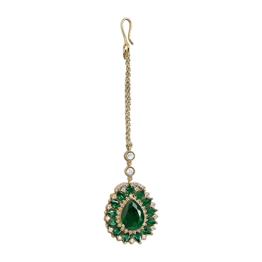 Gold finish American diamond maang tikka with emerald green pear centre stone, green marquise floral border, zircon accents and delicate chain – Auraa Trends