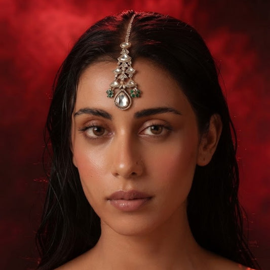"Gold-toned maang tikka with layered polki stones, emerald green floral accents and teardrop pendant, traditional Indian bridal jewelry"