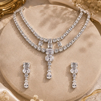 American Diamond Studded Silver Double-Layer Necklace Set with Pear Drop Pendant