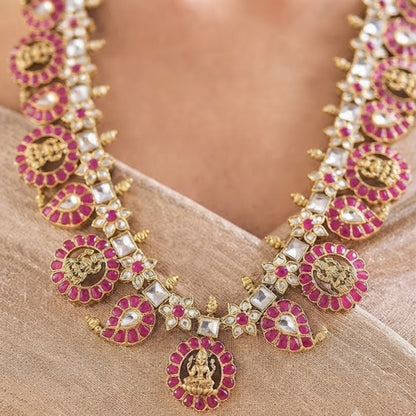 Gold-plated Kundan necklace set with pink ruby-look stones and matching statement earrings for bridal, wedding, festive, and traditional wear.