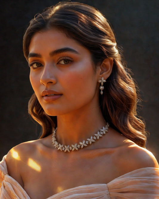 Elegant Floral Diamond Look Choker Necklace Set with Earrings