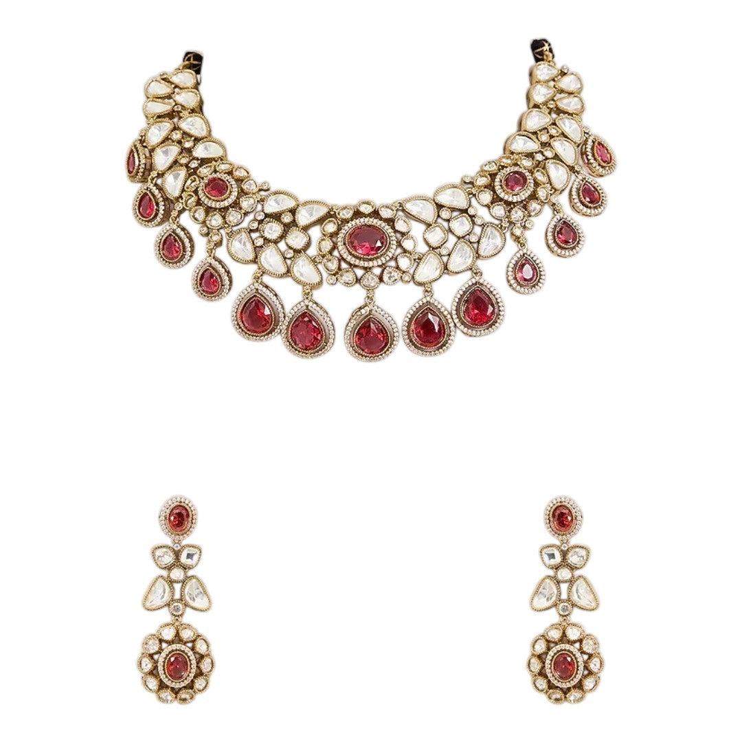 Ruby Red Kundan Bib Choker Set with Drop Earrings