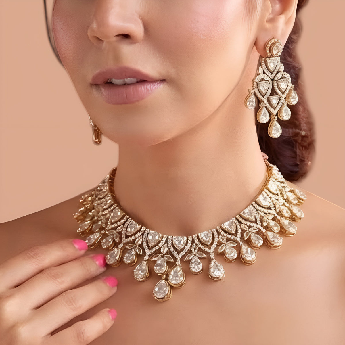 Rose Gold Polki Zircon Necklace Set with Earrings
