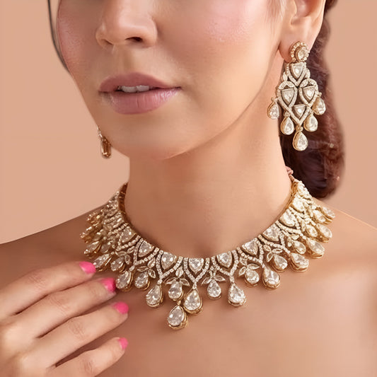Rose Gold Polki Zircon Necklace Set with Earrings