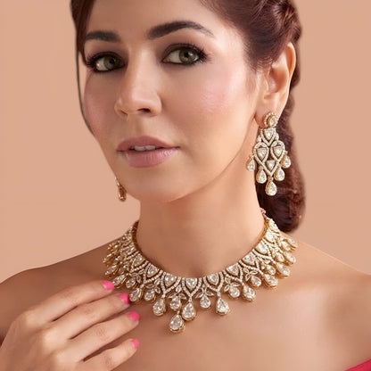 Rose Gold Polki Zircon Necklace Set with Earrings