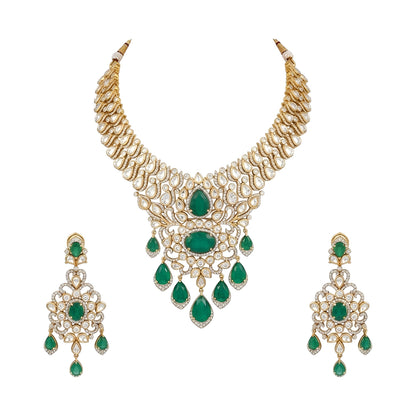 Gold kundan polki bridal necklace set with emerald green pear and oval stones, teardrop drops and matching chandelier earrings