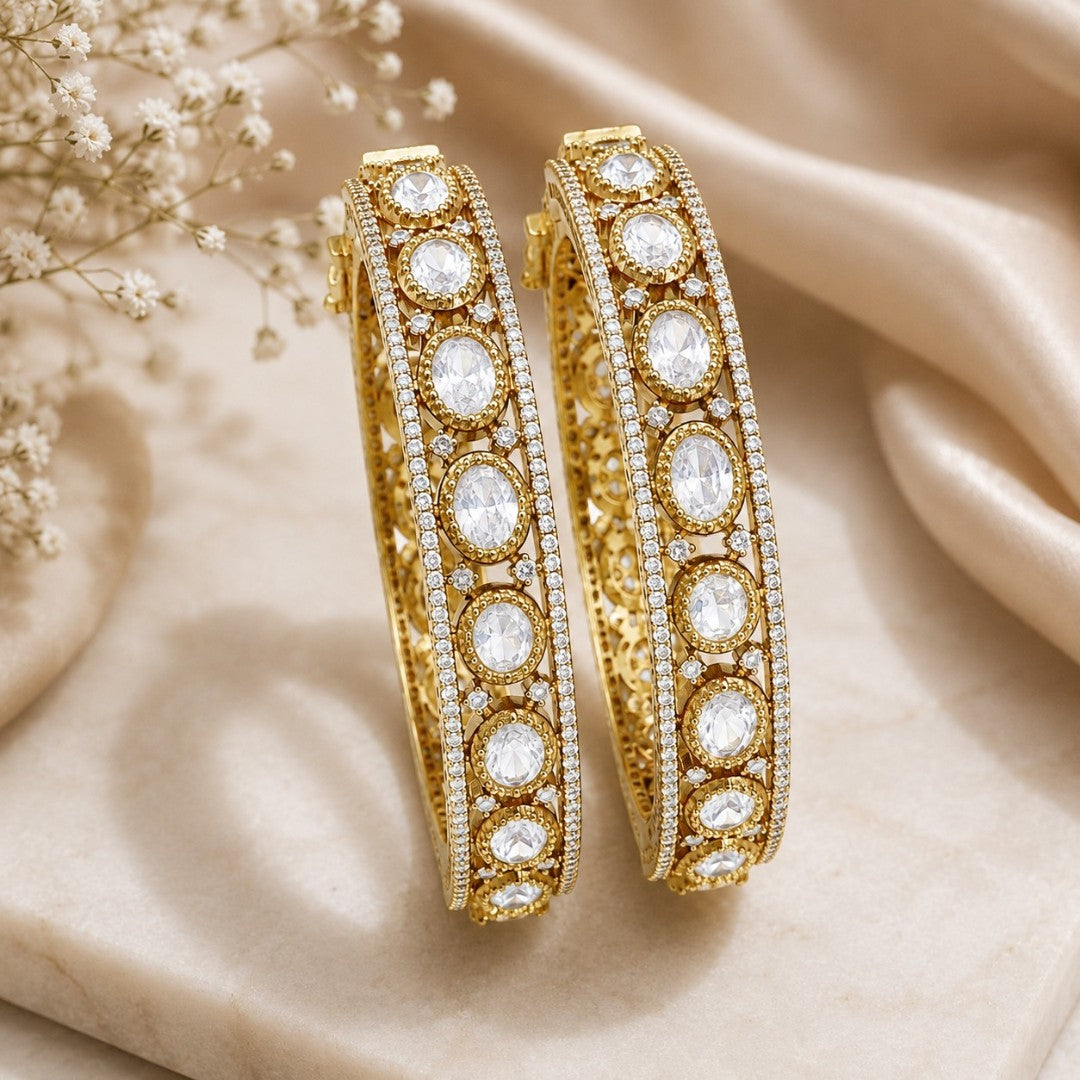 Kundan Polki  Studded Gold-Plated Bangle Set Bridal Openwork Bracelet Kada