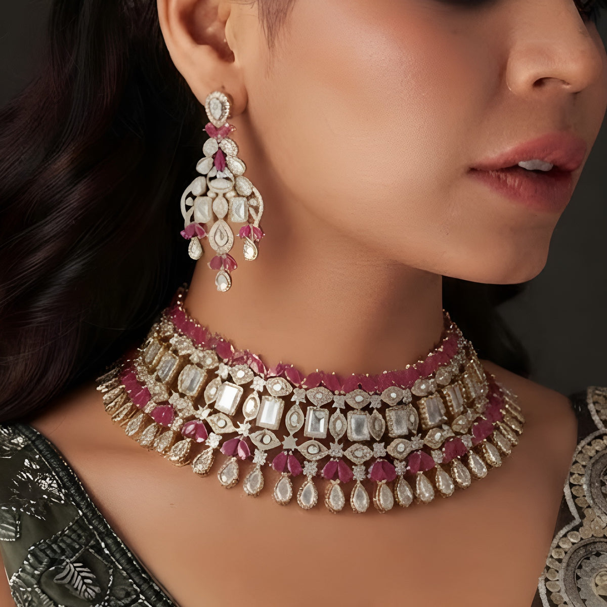 Ruby and CZ bridal choker necklace set with matching drop earrings