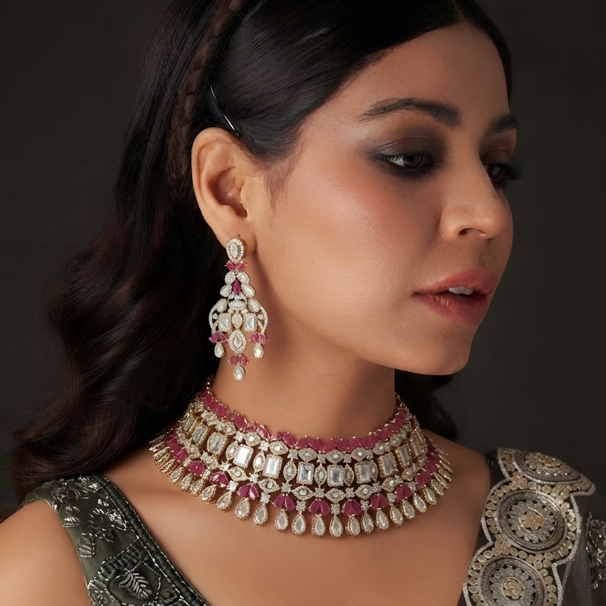 Ruby and CZ bridal choker necklace set with matching drop earrings