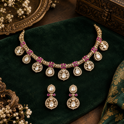 Antique gold finish Victorian kundan necklace set with polki-style medallions, ruby pink stone clusters, zircon halos and matching drop earrings – Auraa Trends