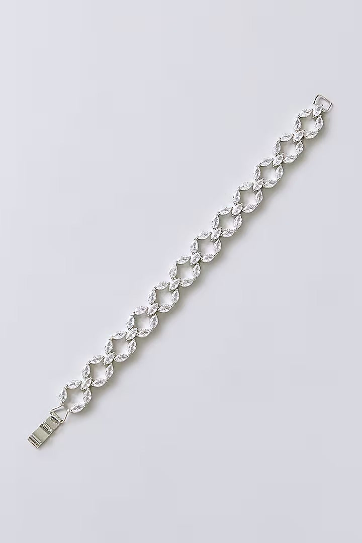 Elegant Silver-Toned Cubic Zirconia Leaf Design Bracelet for Women