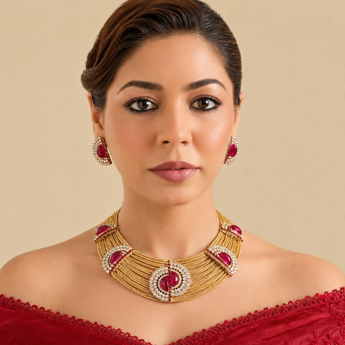 Gold plated ruby red multi-strand choker necklace set with American diamond half-moon medallions and matching earrings