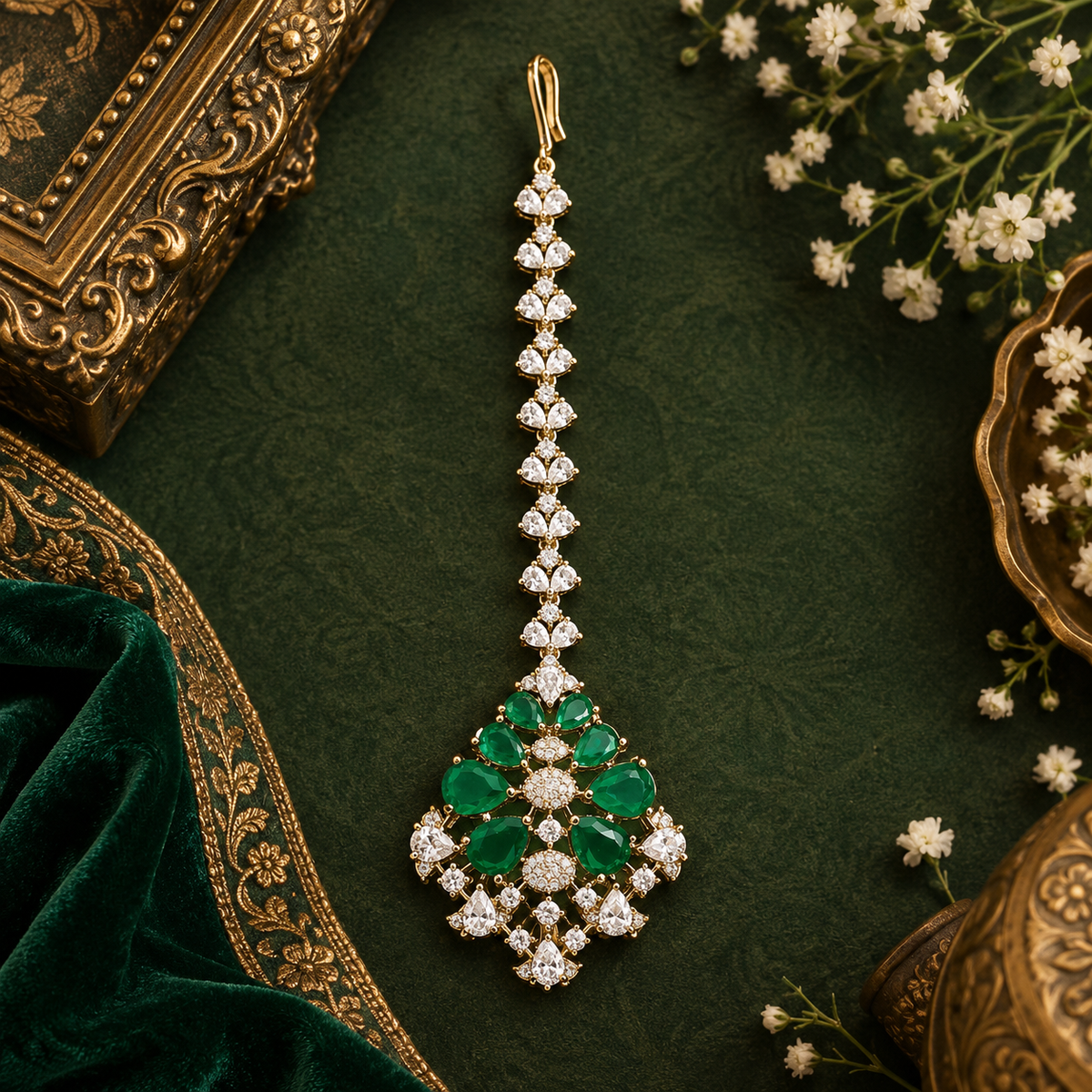 Gold finish American diamond maang tikka with emerald green pear stones, clear zircon accents and a leaf-shaped zircon chain – Auraa Trends