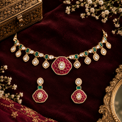 Pink and Green Kundan Choker Set with Earrings