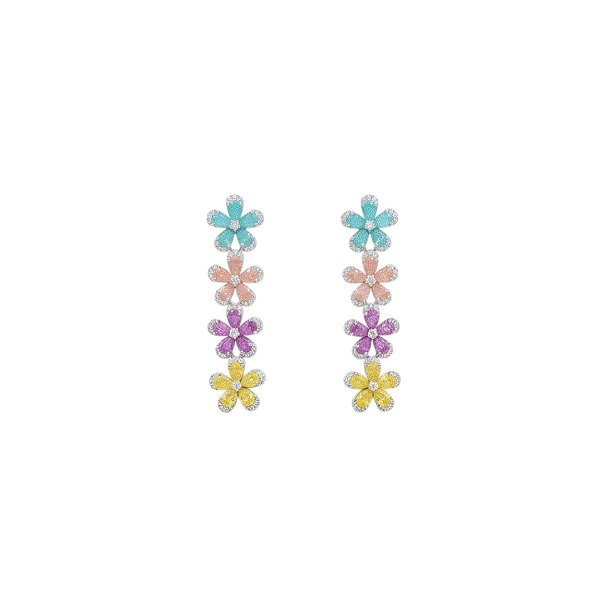 Silver plated multicolour flower American diamond necklace set with aqua, peach, pink and yellow stones and matching drop earrings on a marble slab