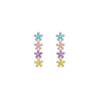 Silver plated multicolour flower American diamond necklace set with aqua, peach, pink and yellow stones and matching drop earrings on a marble slab