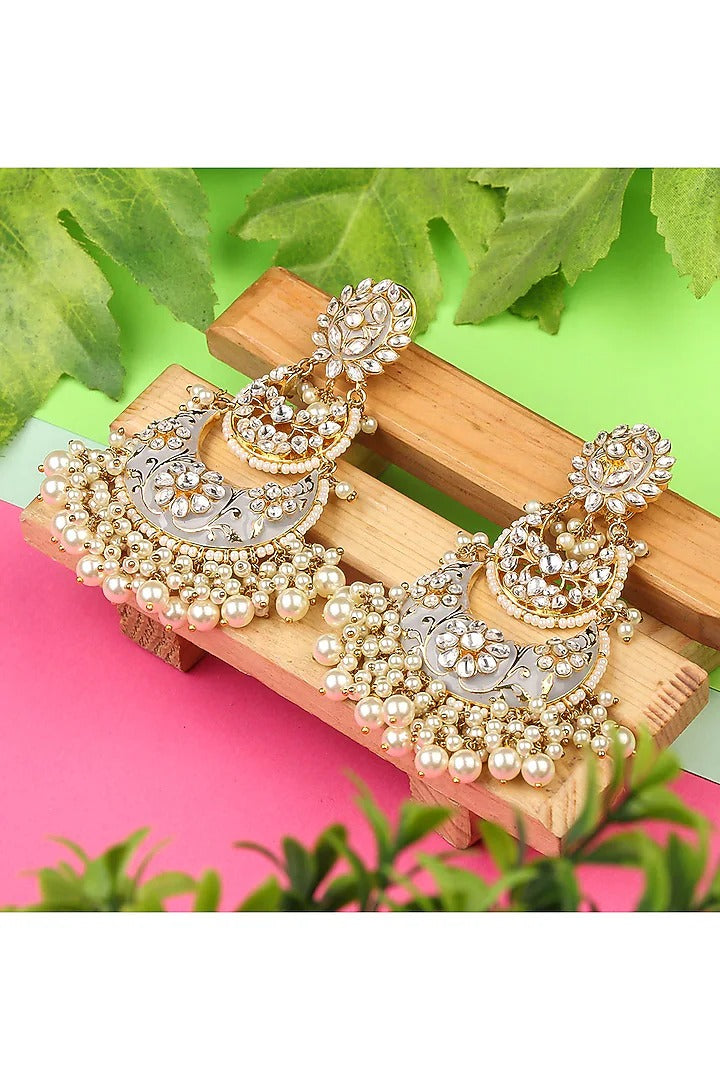 Grey Meenakari Kundan Chandbali Earrings