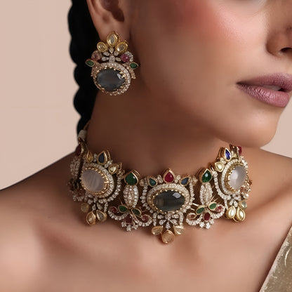 Antique gold Victorian multicolour American diamond choker necklace set with smoky grey centre stone, ruby and emerald accents and matching stud earrings