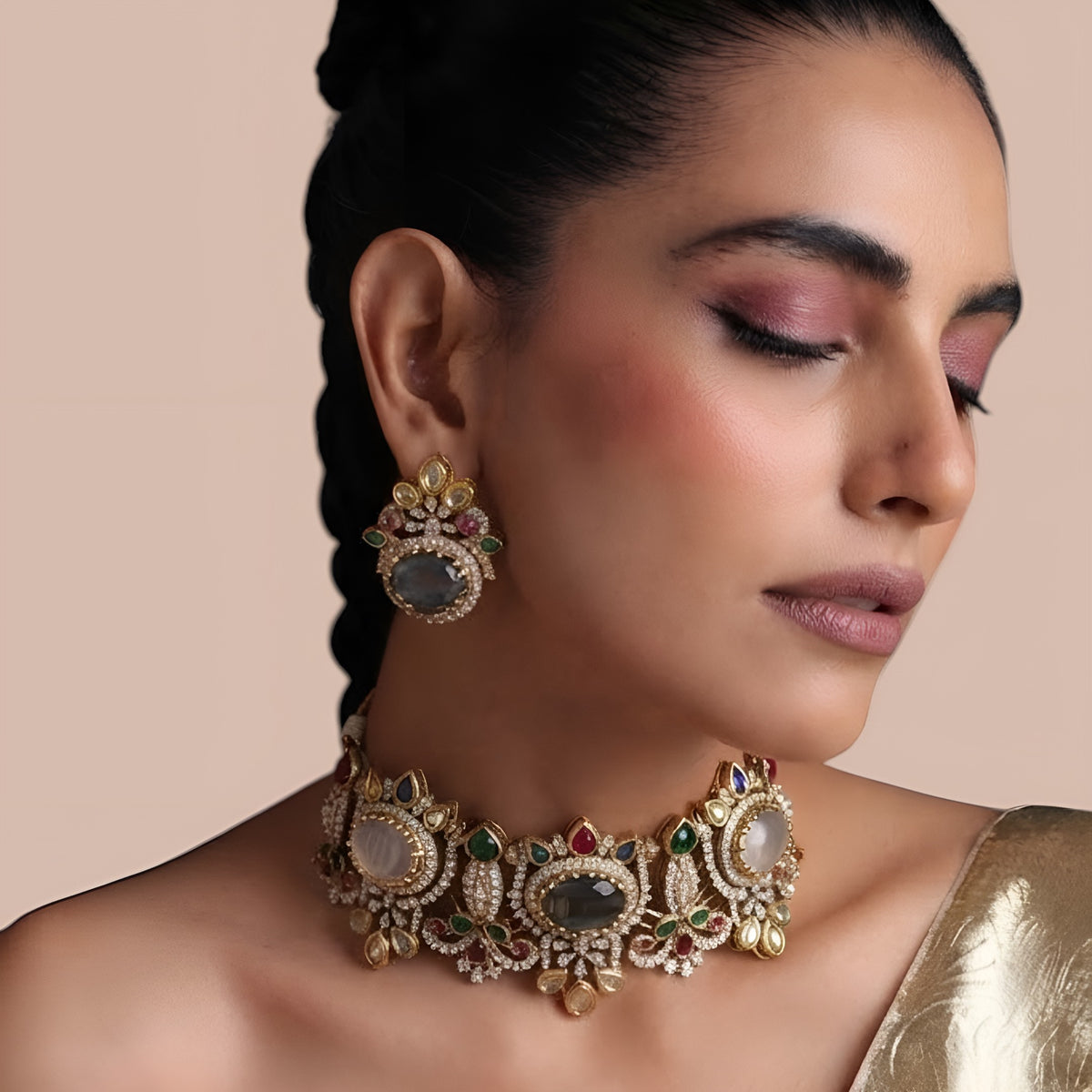Antique gold Victorian multicolour American diamond choker necklace set with smoky grey centre stone, ruby and emerald accents and matching stud earrings