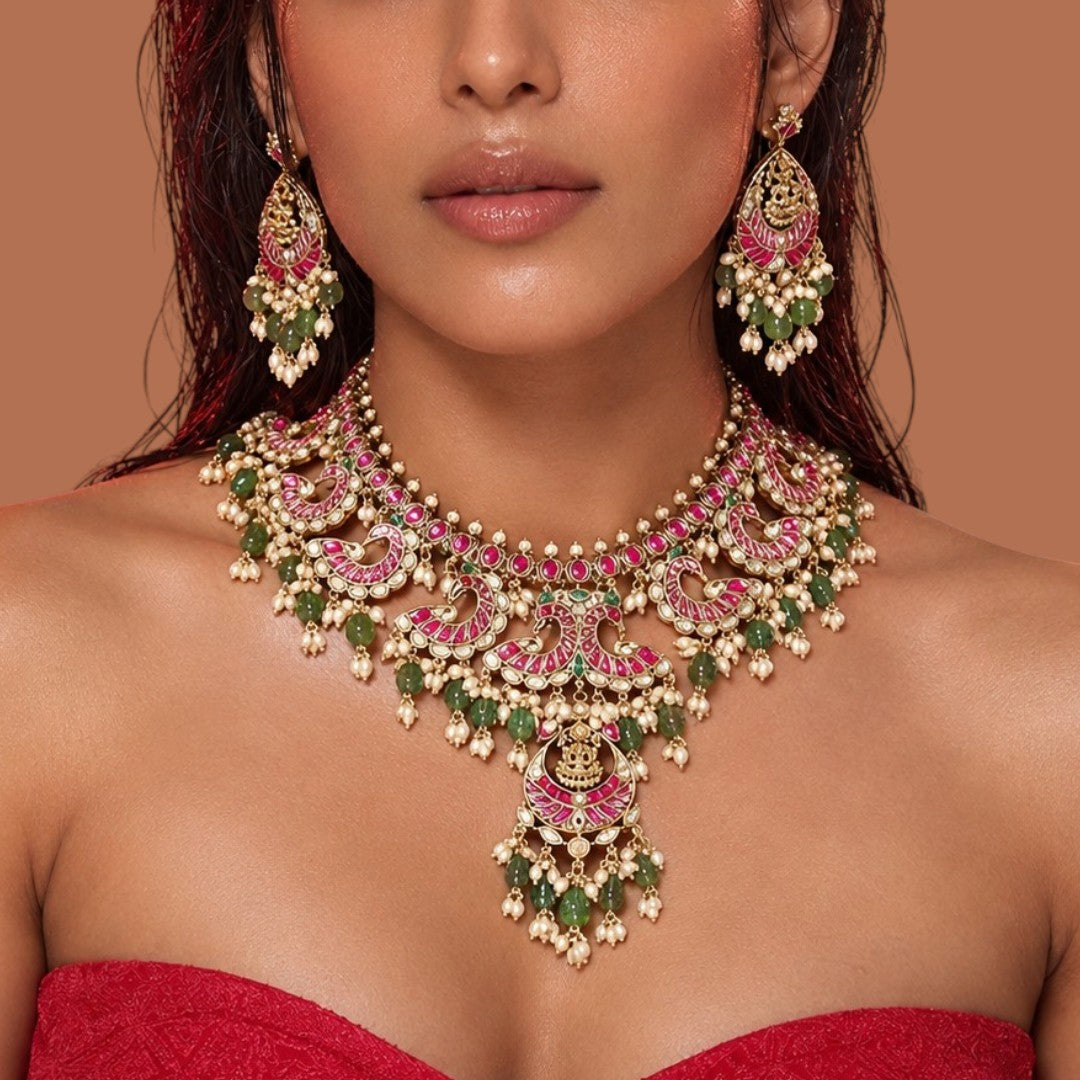 Pink Green Temple Necklace Set with Matching Earrings