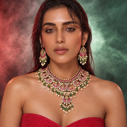 Pink Green Temple Necklace Set with Matching Earrings