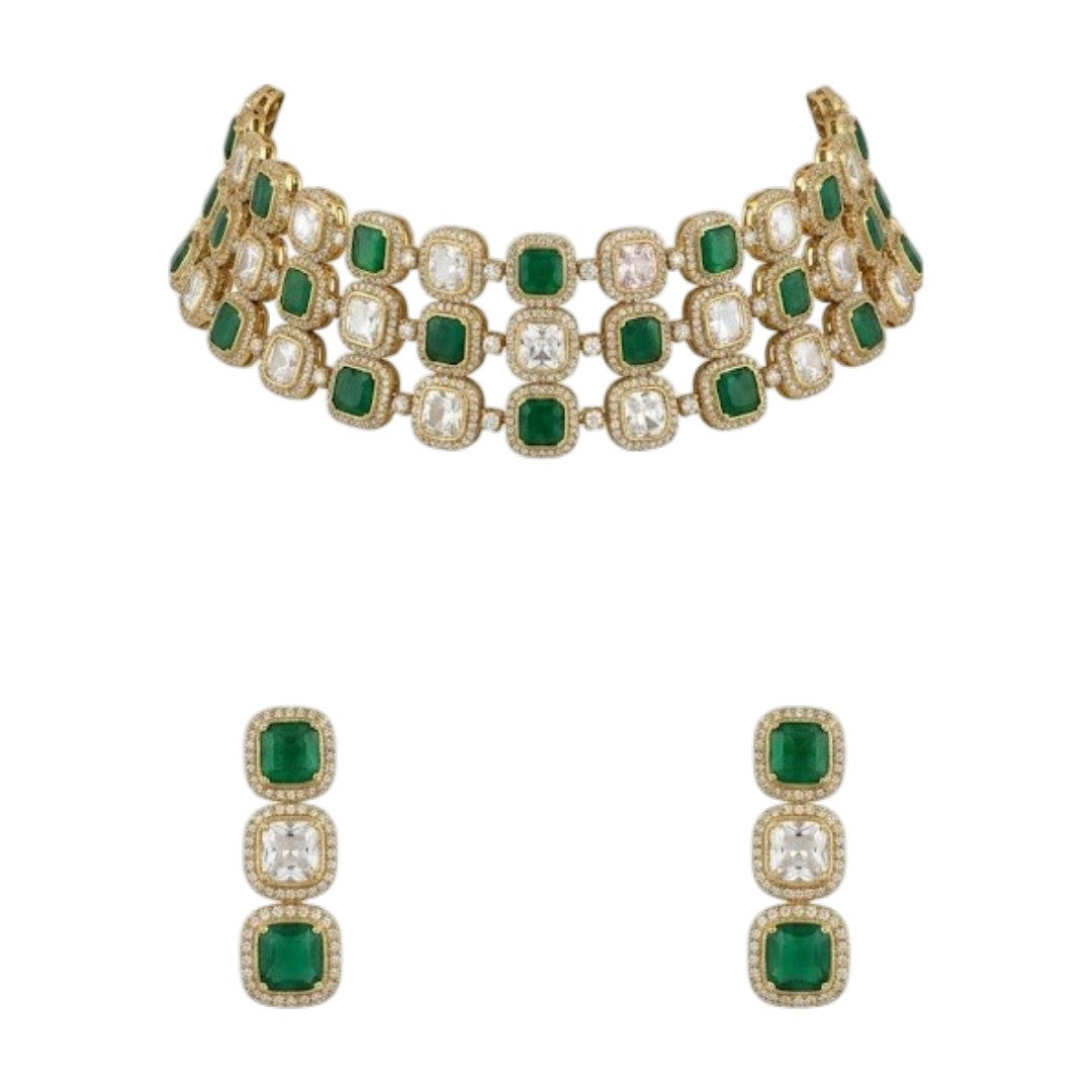 Luxury emerald green and white stone choker necklace set with matching earrings on white background.