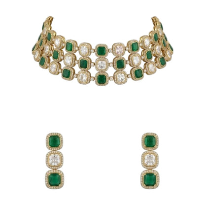 Luxury emerald green and white stone choker necklace set with matching earrings on white background.