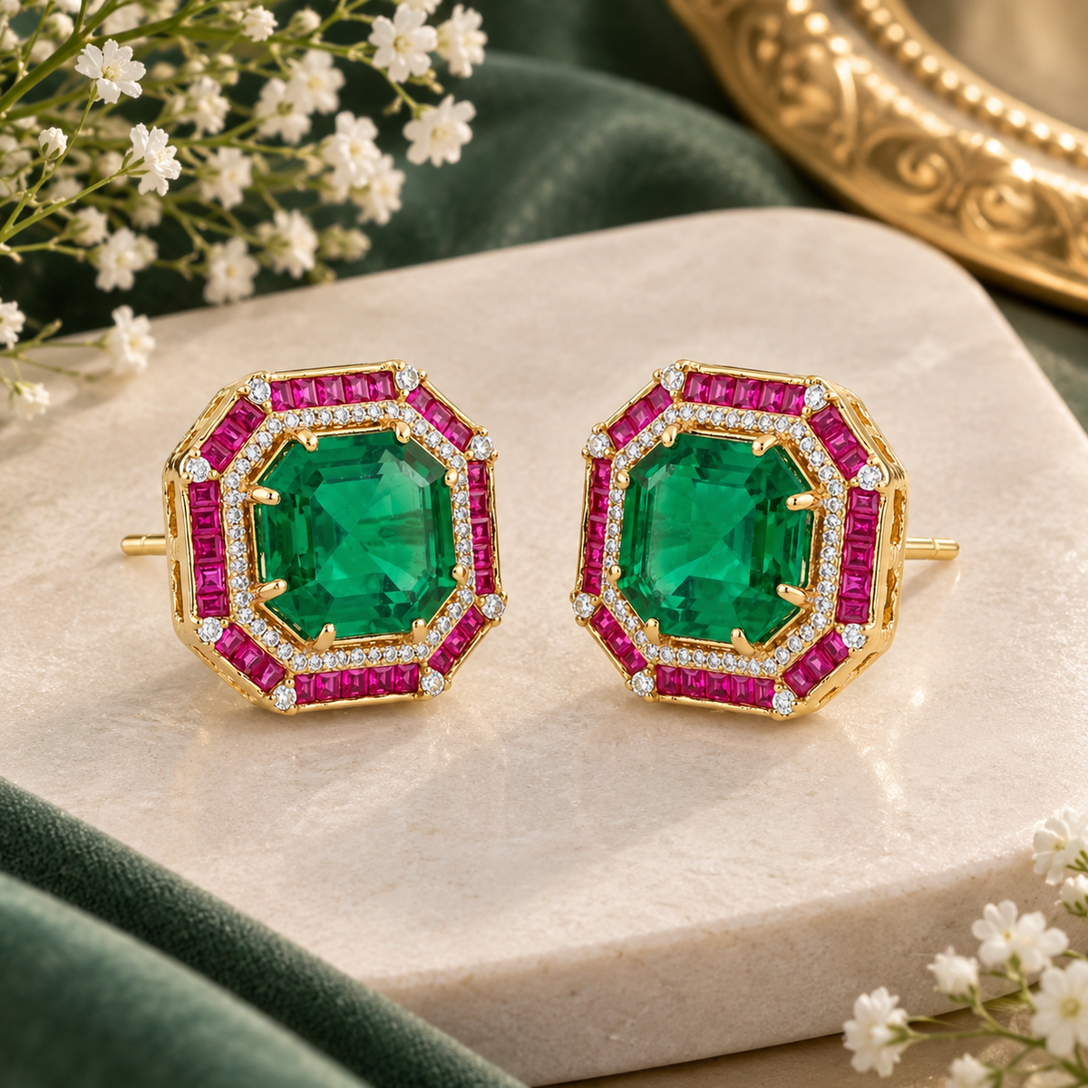 Pair of gold-finish octagon stud earrings with an emerald-green centre stone, ruby-pink square-cut border, and American diamond halo