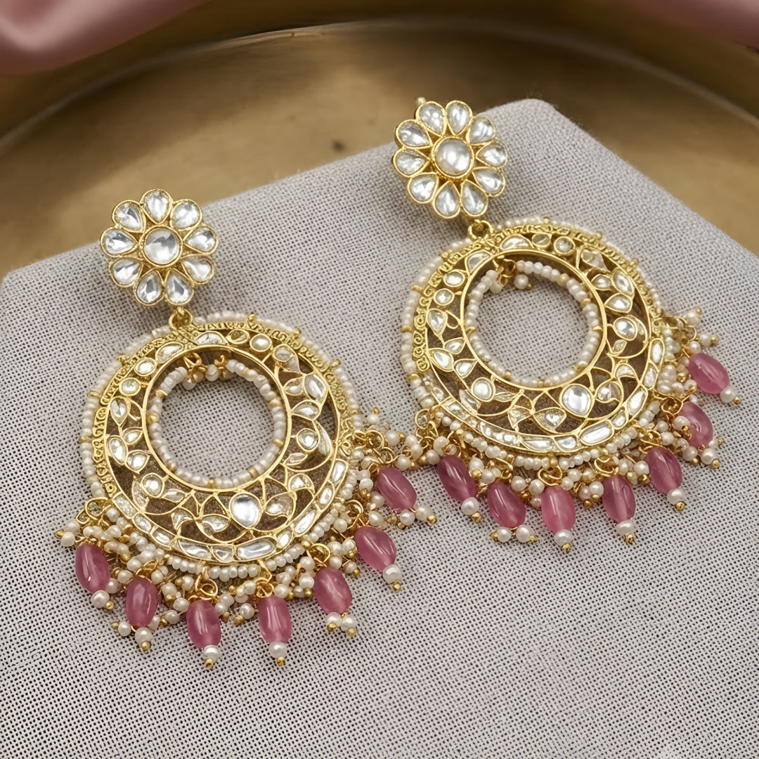 Kundan Chandbali Earrings with Pink Pearl Drops