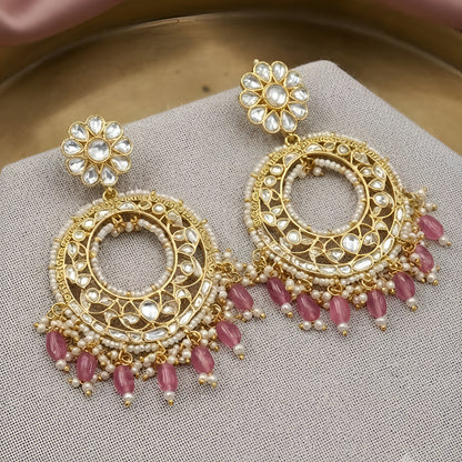 Kundan Chandbali Earrings with Pink Pearl Drops