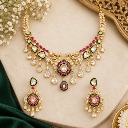 Bridal Polki-Style Necklace Set with Teardrop Drops