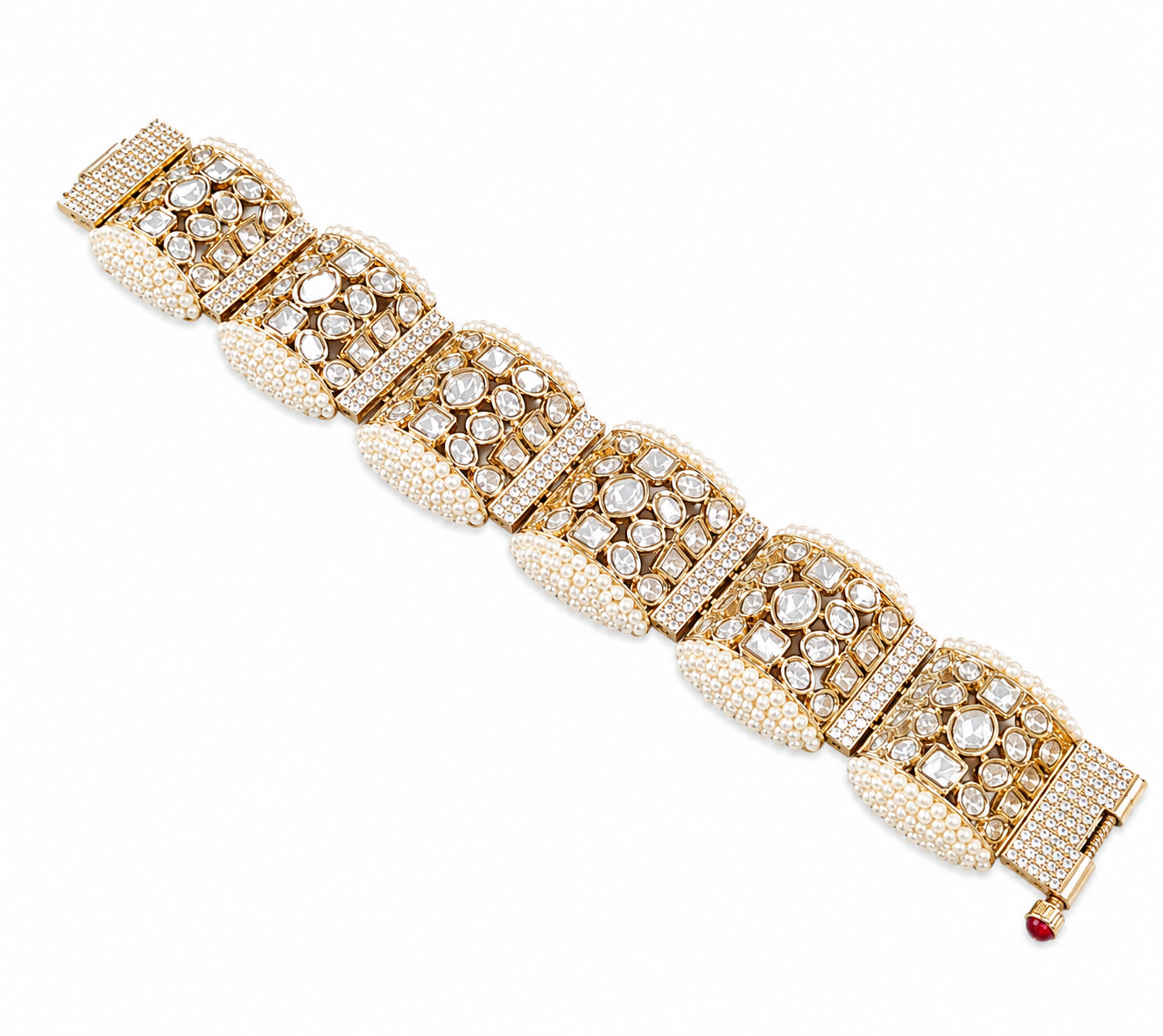 "Gold-tone bridal bracelet with pearl beading and white kundan polki crystal panels"