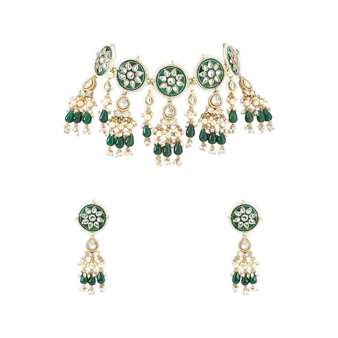 Meenakari kundan round disc choker set with green bead drops and matching earrings