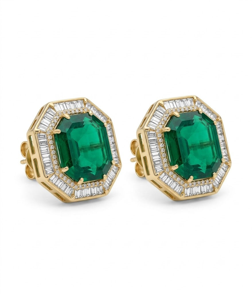 Pair of gold-finish octagon stud earrings with an emerald-green centre stone and a clear baguette-cut American diamond border
