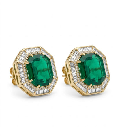 Pair of gold-finish octagon stud earrings with an emerald-green centre stone and a clear baguette-cut American diamond border