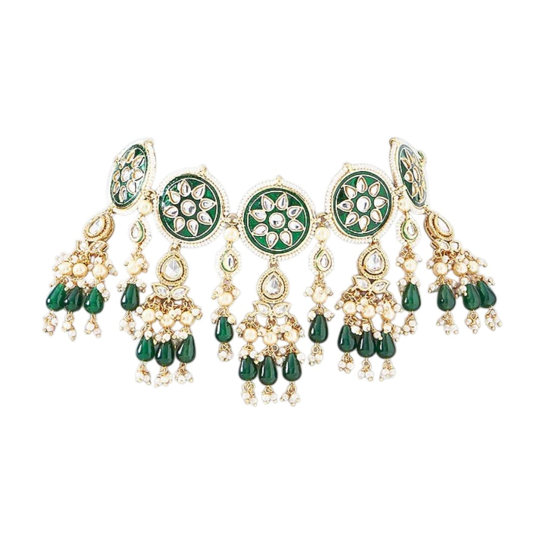 Meenakari kundan round disc choker set with green bead drops and matching earrings