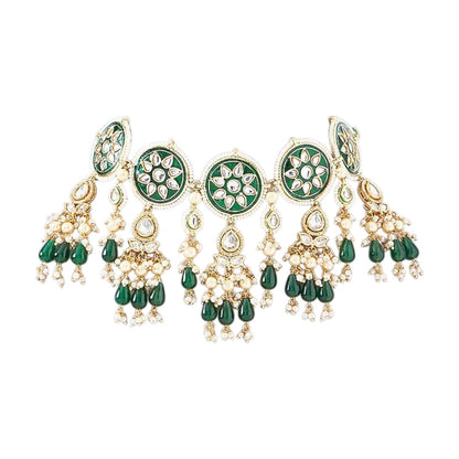 Meenakari kundan round disc choker set with green bead drops and matching earrings