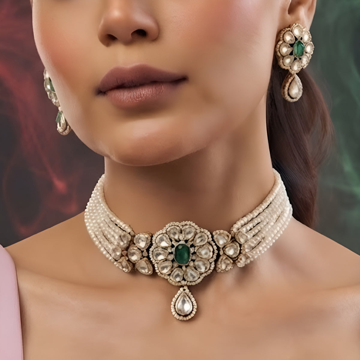 Gold-plated multi-strand pearl choker necklace set with emerald green floral kundan medallion, teardrop pendant and matching stud earrings