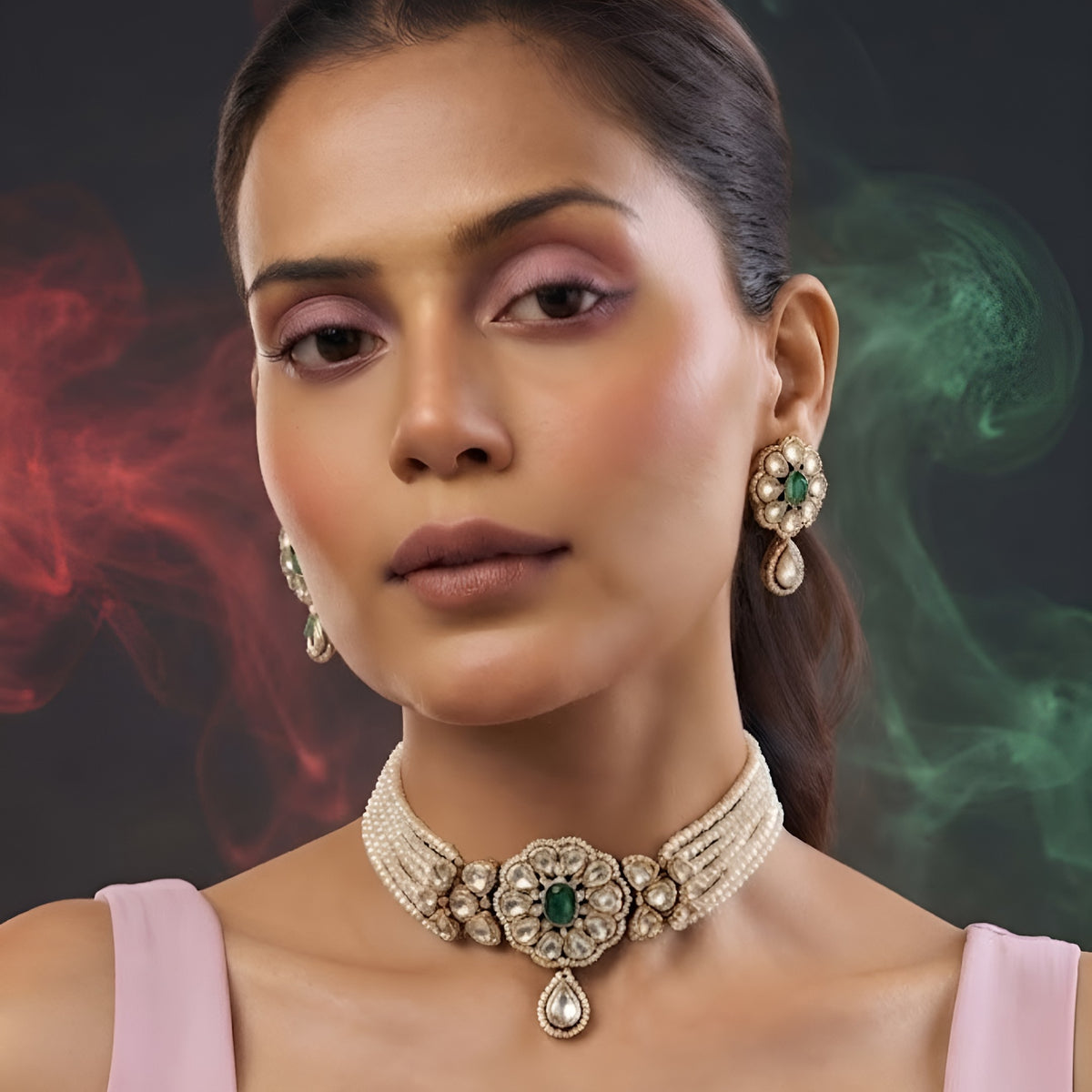 Gold-plated multi-strand pearl choker necklace set with emerald green floral kundan medallion, teardrop pendant and matching stud earrings