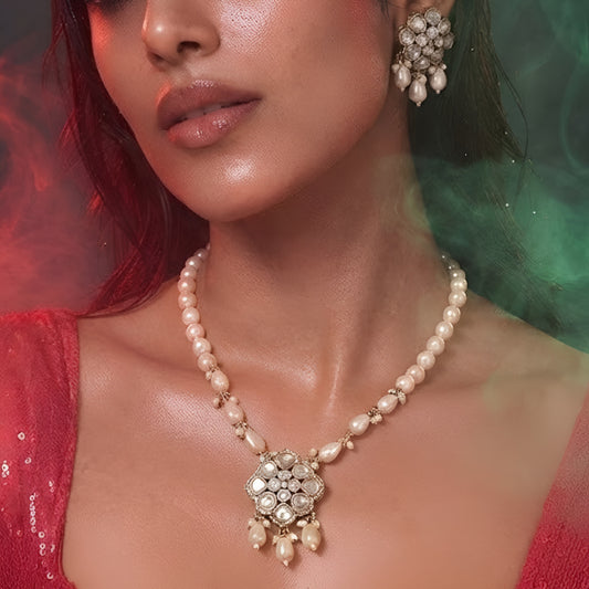 Elegant pearl necklace set with Kundan-style pendant and matching pearl drop earrings

