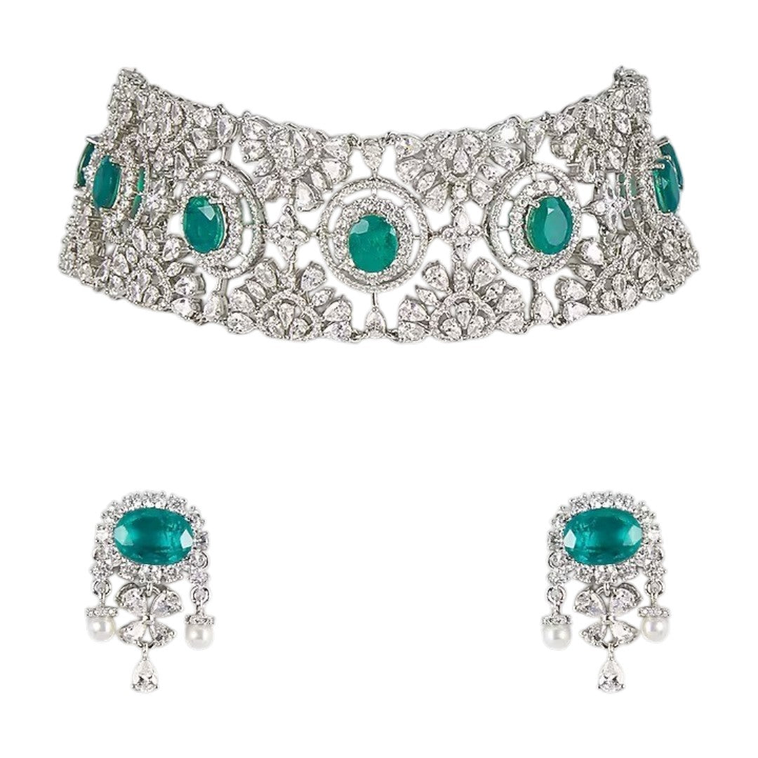 Emerald Green American Diamond Choker Necklace Set with Matching Stud Earrings for Women in Rhodium Finish