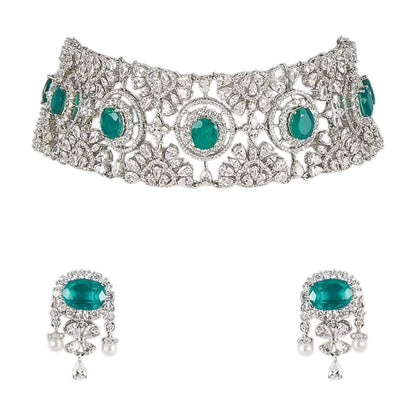 Emerald Green American Diamond Choker Necklace Set with Matching Stud Earrings for Women in Rhodium Finish