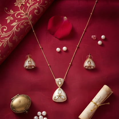 White Enamel Zircon Pendant Necklace and Earrings Set