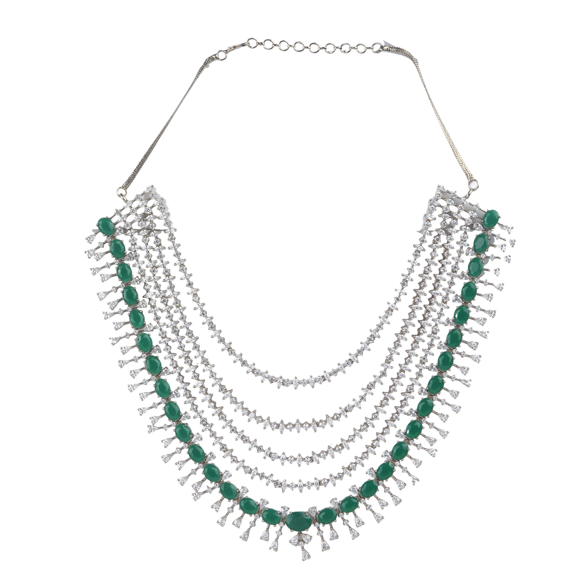 Silver-tone multi-layer emerald green necklace set with chandelier earrings, statement bridal jewelry with oval green stones and crystal detailing