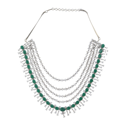 Silver-tone multi-layer emerald green necklace set with chandelier earrings, statement bridal jewelry with oval green stones and crystal detailing
