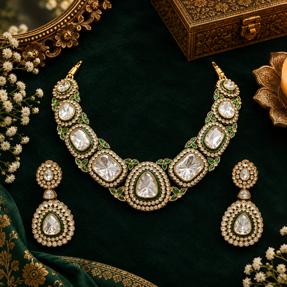 Antique gold polki kundan collar necklace set with large clear stones, green enamel borders, emerald leaf accents and matching pear drop earrings