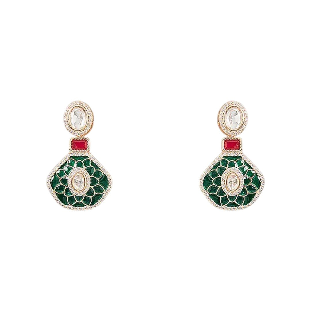 Gold finish kundan choker necklace set with green enamel lotus medallion, ruby red stones, polki-style drops and matching drop earrings – Auraa Trends