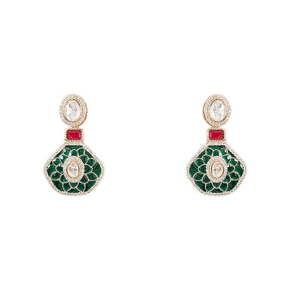 Gold finish kundan choker necklace set with green enamel lotus medallion, ruby red stones, polki-style drops and matching drop earrings – Auraa Trends