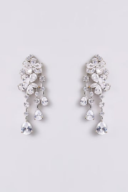 Sparkling crystal floral cascade dangle earrings with multiple teardrop-shaped drops

