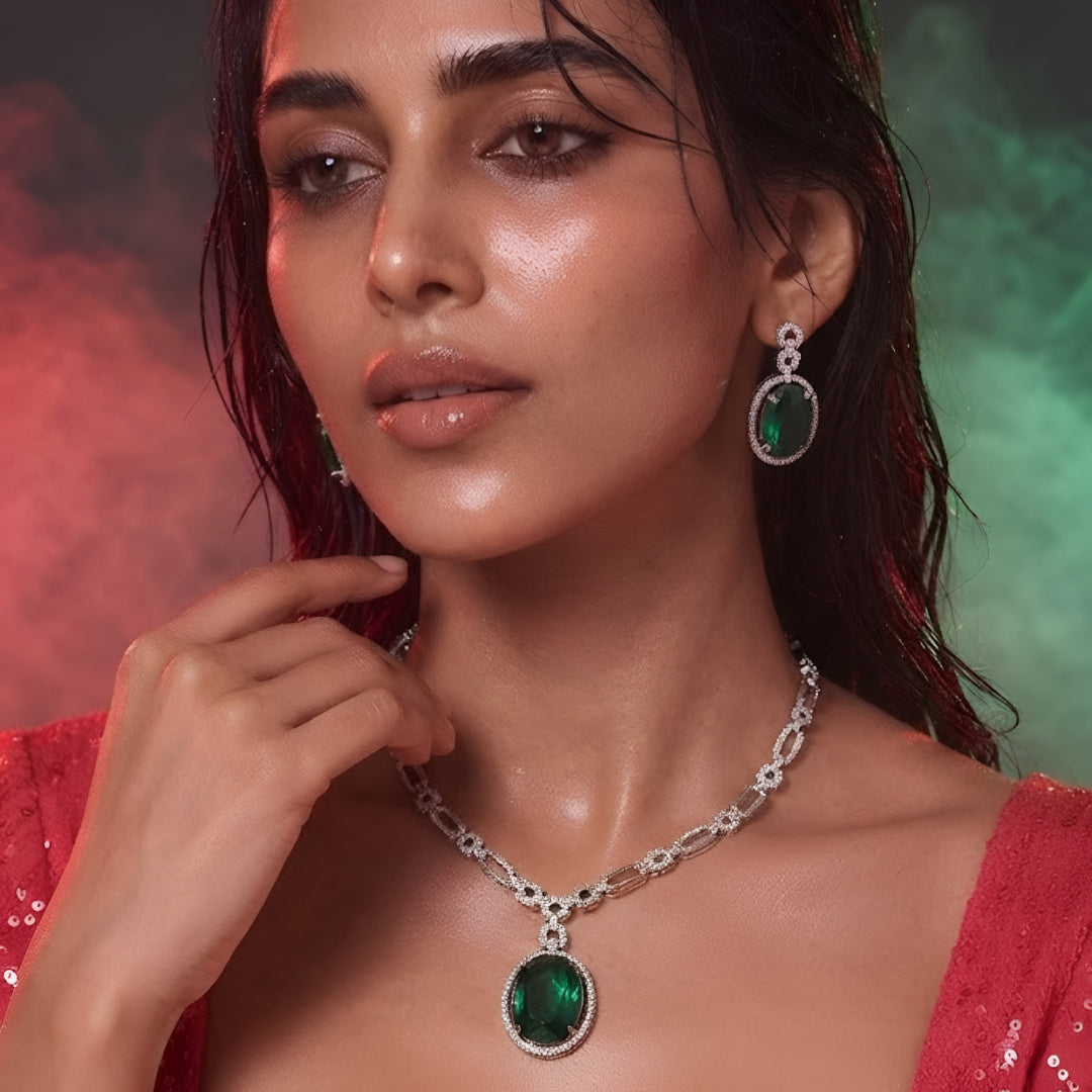 Gold-tone pearl and AD stone necklace set with matching pearl drop earrings